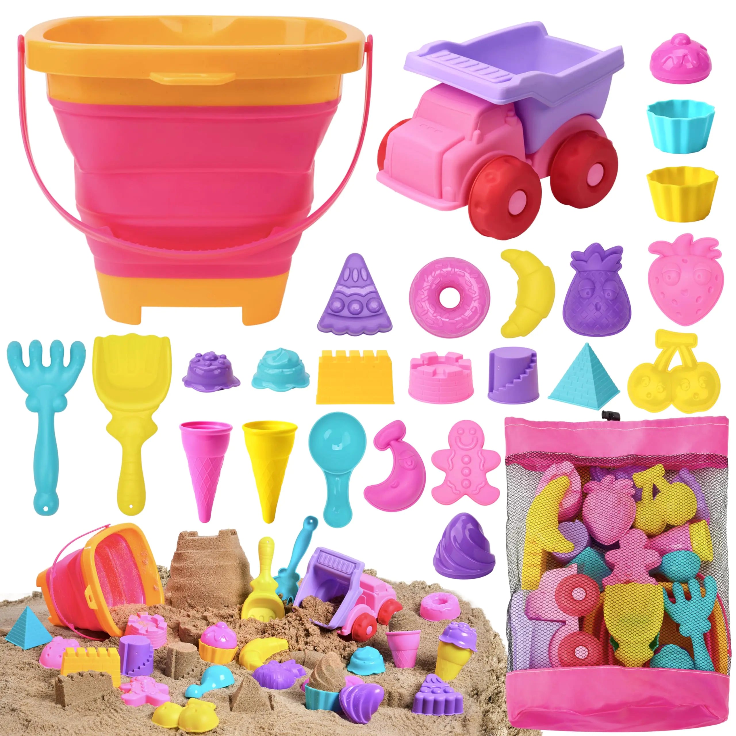 23pc Sloosh Beach Sand Toy Set with Pink Dump Truck – Collapsible Bucket, Mesh Bag & Sand Molds for Toddlers