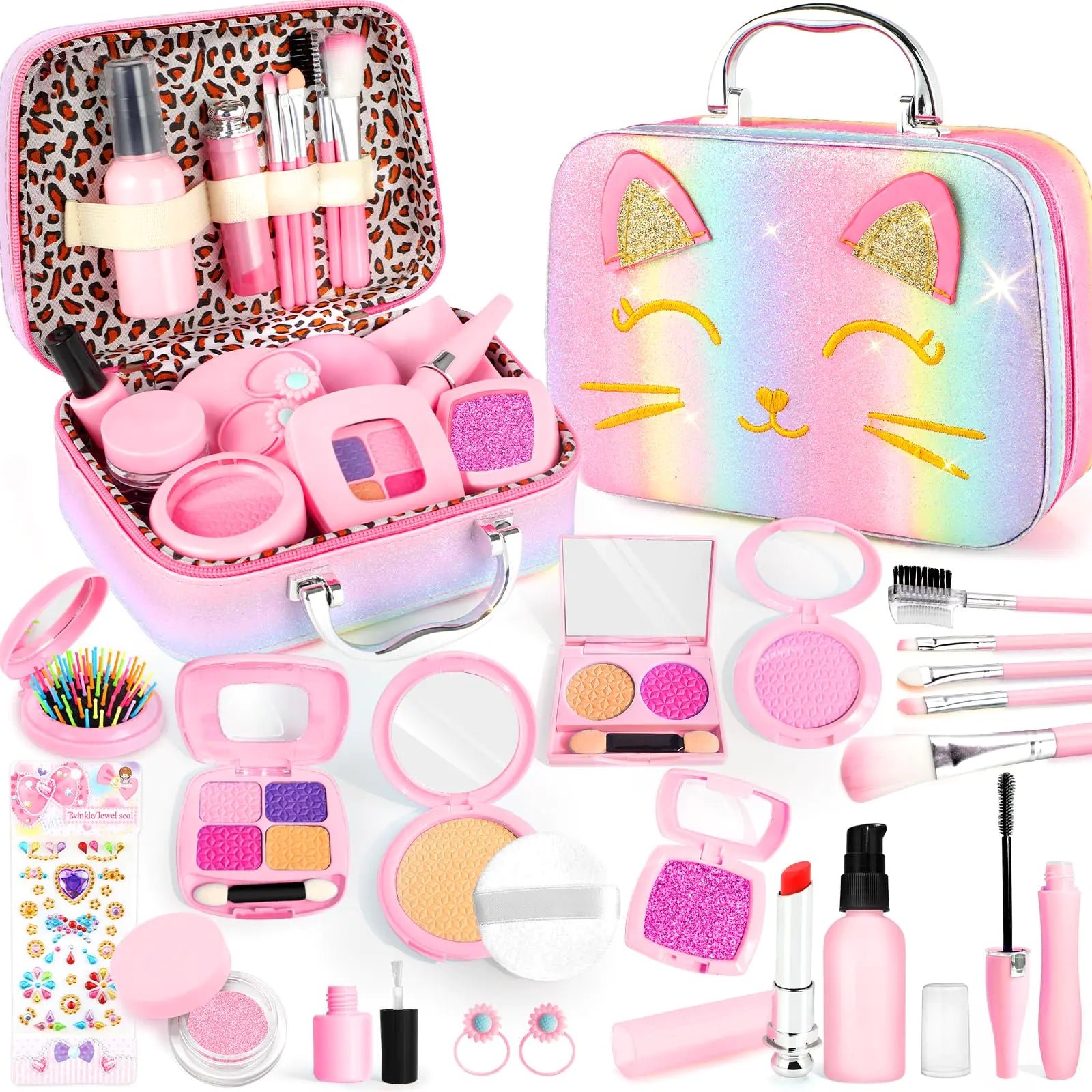 Mess-Free Toddler Pretend Makeup Kit – 15pc Fake Makeup Set with Cat-Themed Carrying Case