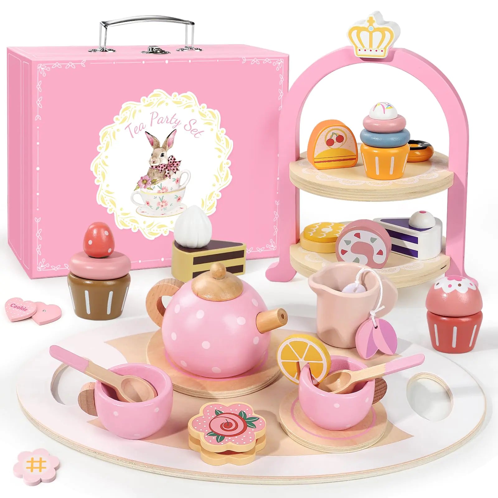 Princess Wooden Tea Party Set – 31pc Pretend Play Dessert & Cake Kit