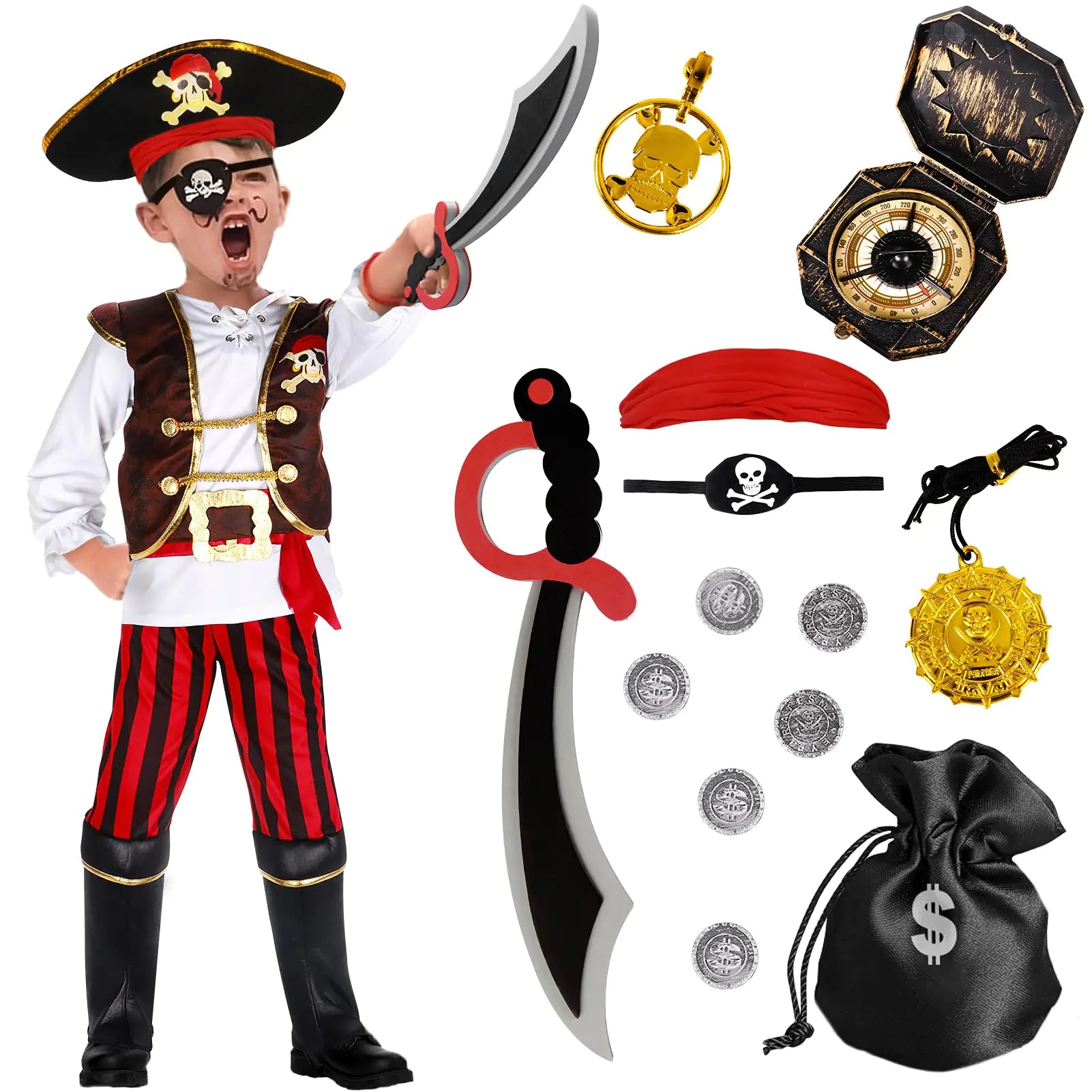 G.C 10pc Deluxe Pirate Costume for Kids – Toddler Captain Dress Up with Hat, Sword & Map