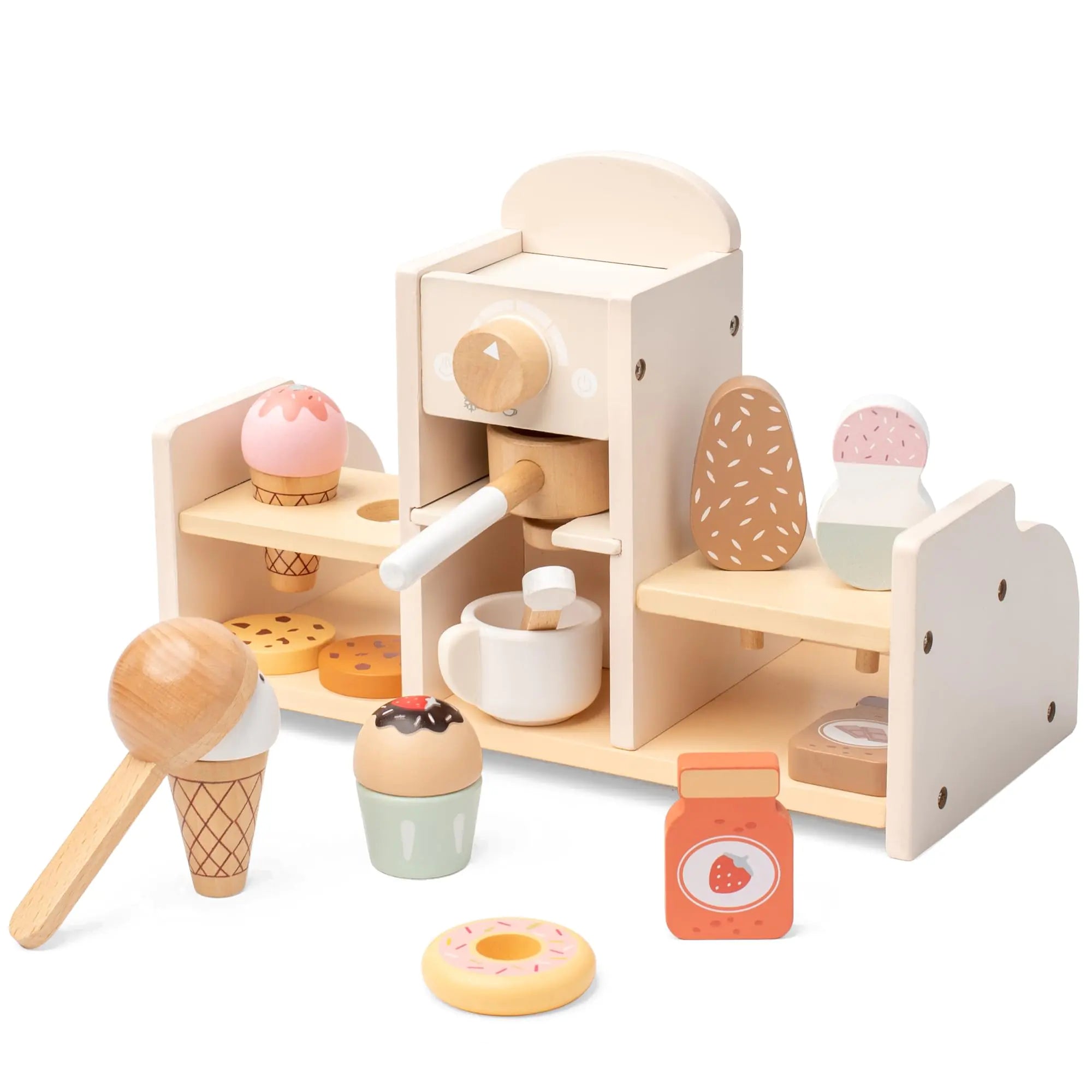 2-in-1 Wooden Ice Cream Shop & Coffee Maker Playset for Toddlers