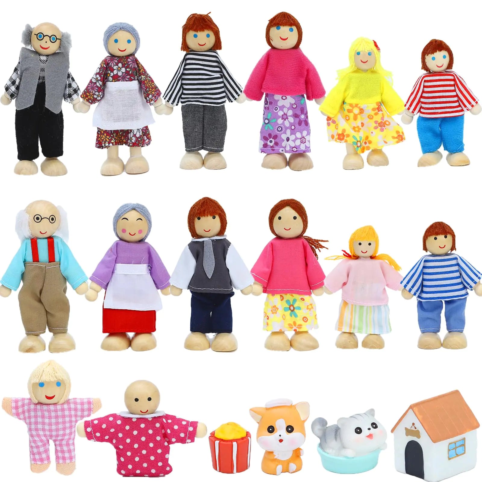 ONEST 18-Piece Wooden Dollhouse Family Set – Diverse Mini People Figures for Pretend Play & Education