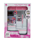 RBN 11.5" Doll Kitchen Playset – Deluxe Pink Toy Kitchen with Lights, Sounds, Accessories & Fashion Doll