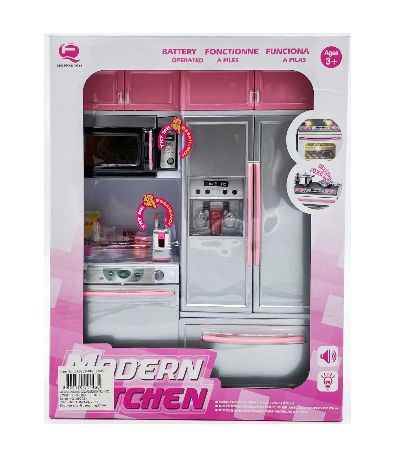 RBN 11.5" Doll Kitchen Playset – Deluxe Pink Toy Kitchen with Lights, Sounds, Accessories & Fashion Doll