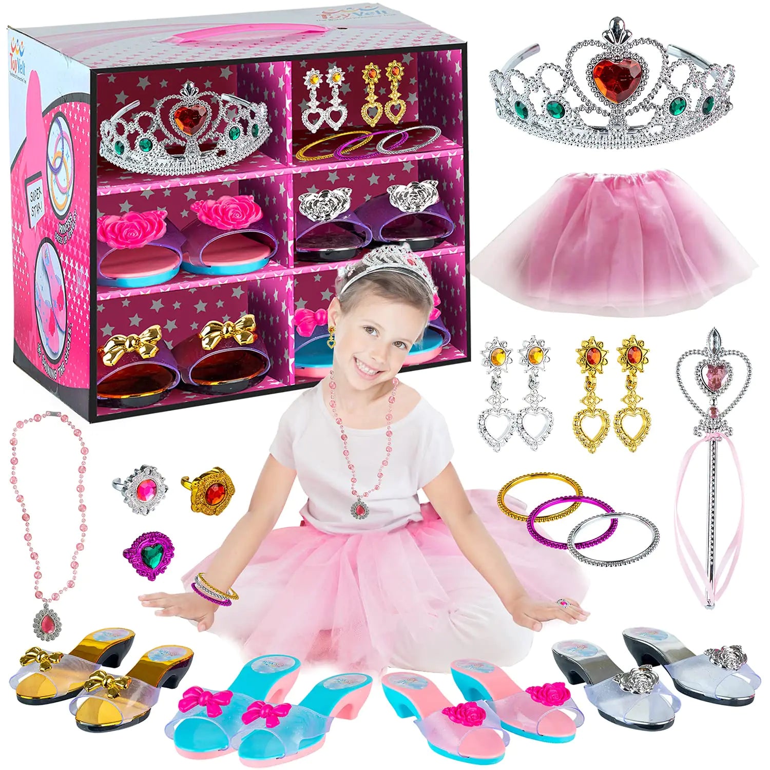 Toyvelt 12pc Princess Dress Up Boutique – 4 Pairs of Sparkly Shoes, Tiaras & Jewelry Set with Storage Box