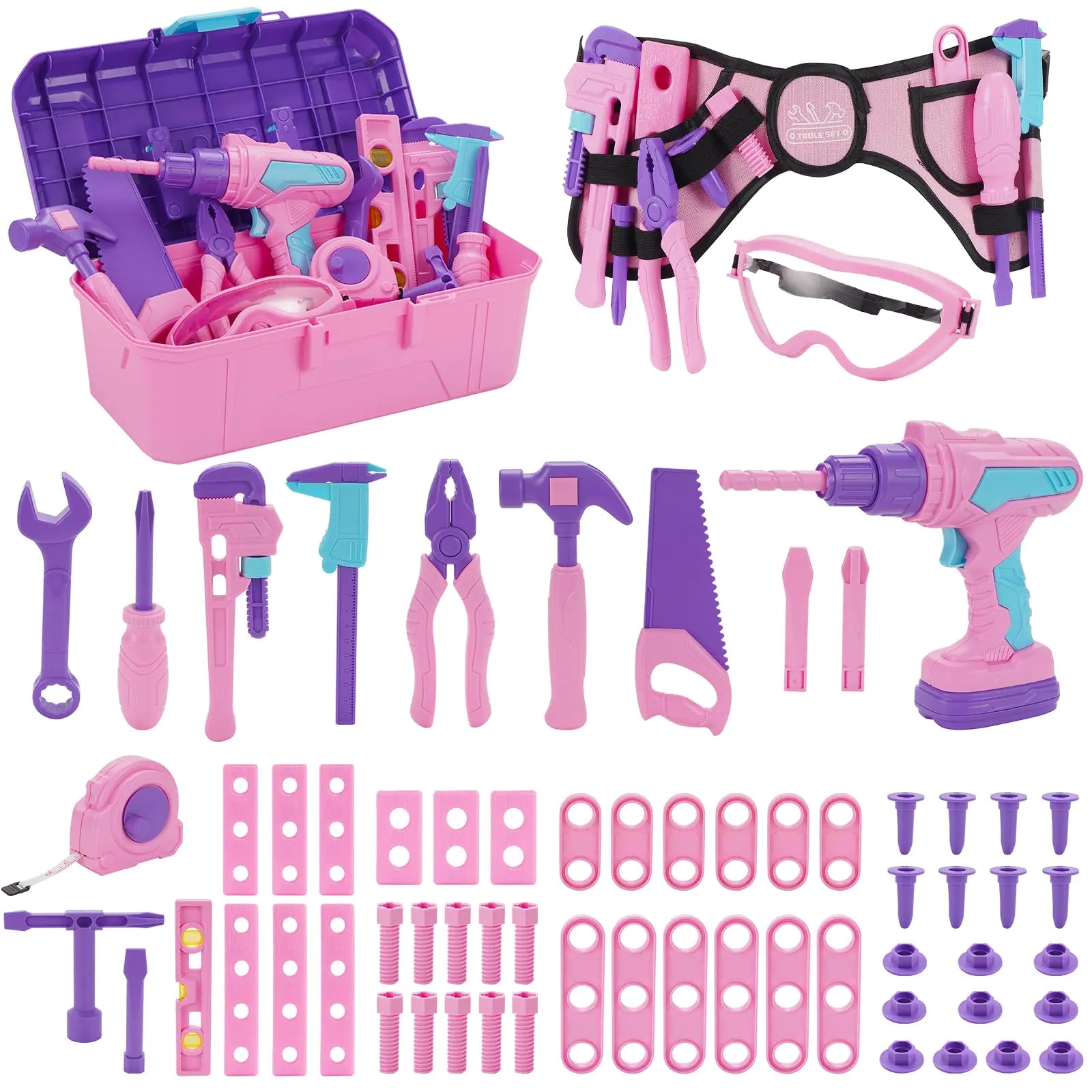 67pc Pink Kids Tool Box Set – Electronic Toy Drill & Tool Belt for Girls & Boys