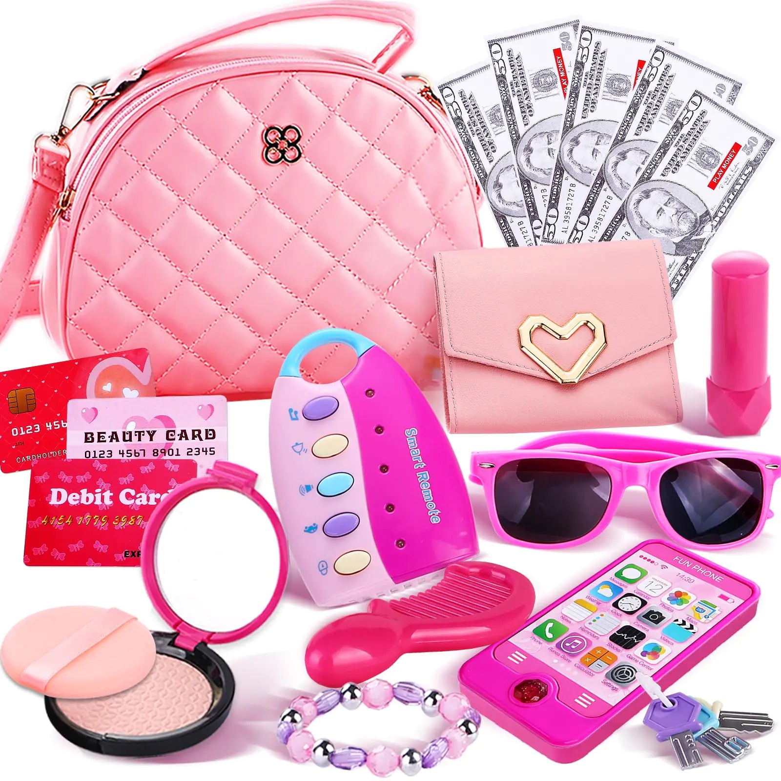 Graceduck 12pc Little Girl's Purse Set – Pink Princess Handbag with Mess-Free Makeup