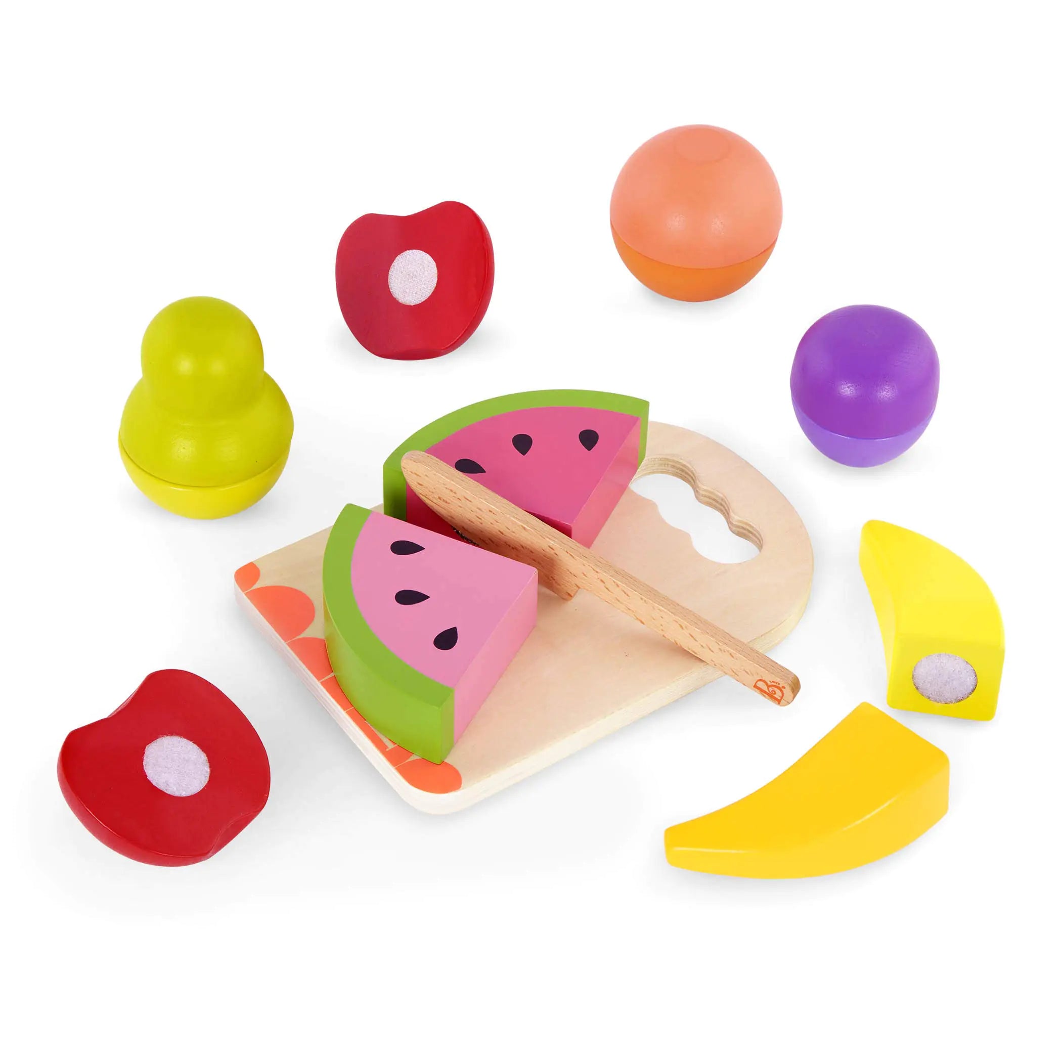 B. toys Chop 'n' Play Wooden Fruit Set – 8pc Montessori Slicing Toy with Realistic "Crunch" Sound for Ages 2+