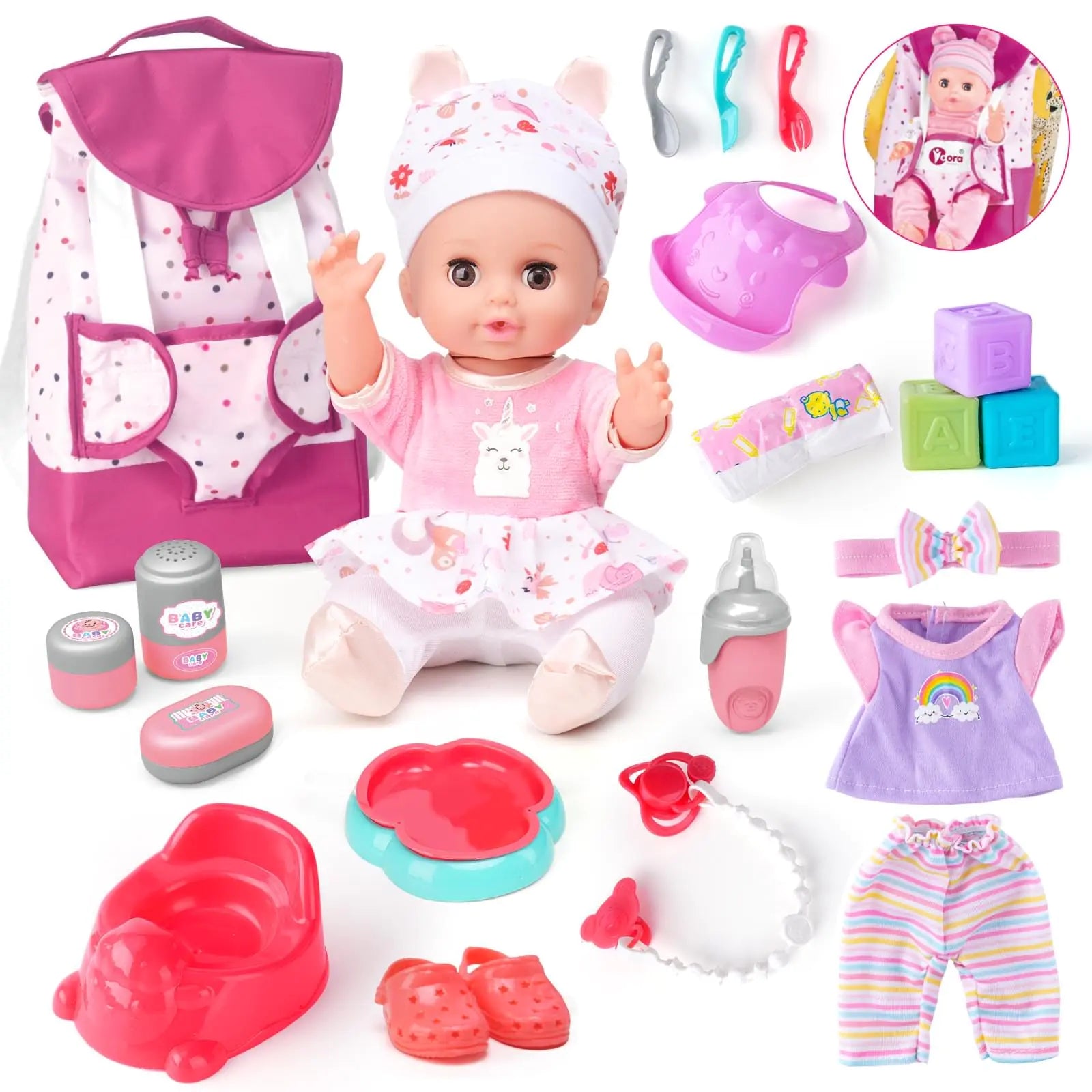 AuntyFey 12" Soft Baby Doll with 10pc Accessory Set – Realistic Toddler Pretend Play Kit with Bottle, Pacifier & Diaper Bag