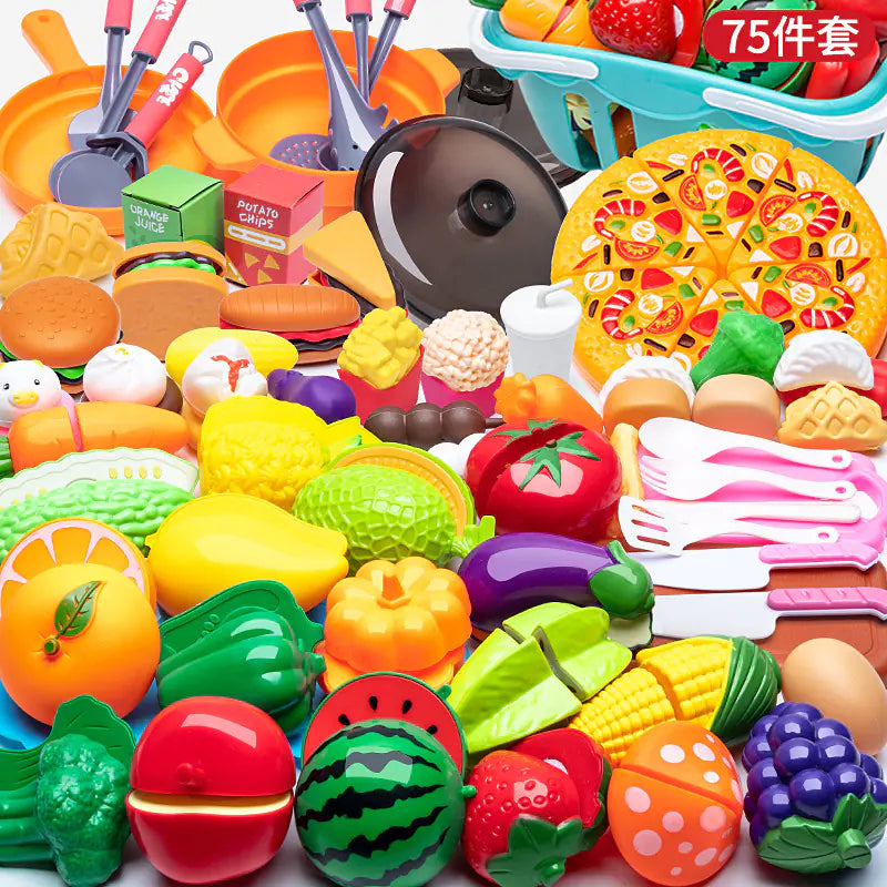 Kids Pretend Play Kitchen Set with Cooking and Cutting Toys